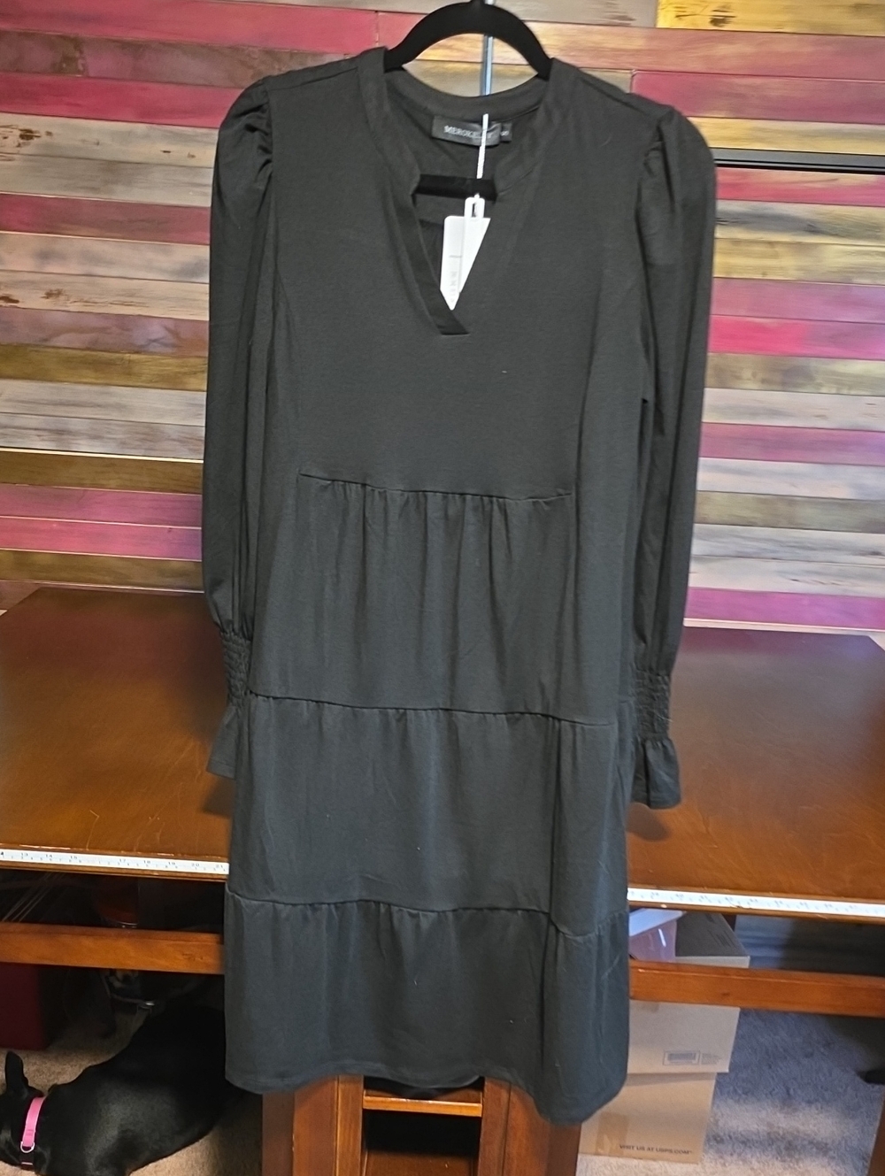 Smocked Cuff Black Tiered Long-Sleeve Dress